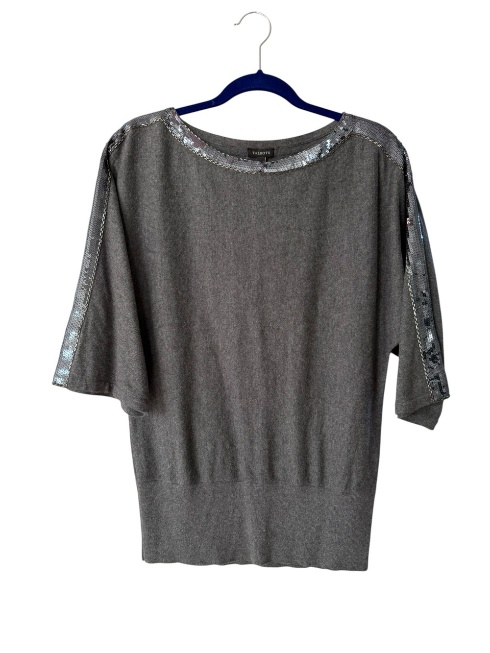 Talbots Gray Sequin-Trim Dolman Sleeve Sweater Top Size Small Party Holiday